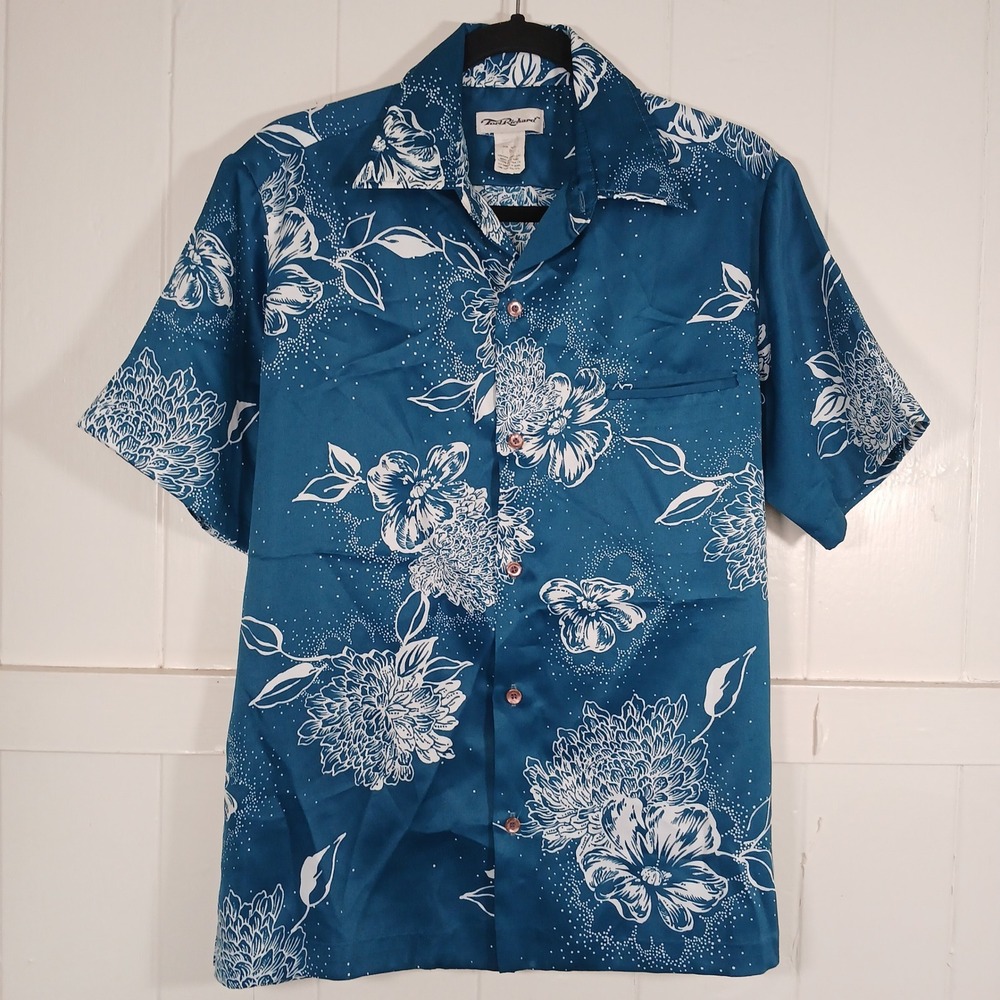 Tori Richard Button Down Shirt Mens S Teal Blue Vintage Floral Chrysanthemum USA